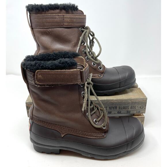 Hunter Lace Up Shearling Lined Duck Boots In Brown Size 9 - Picture 2 of 9